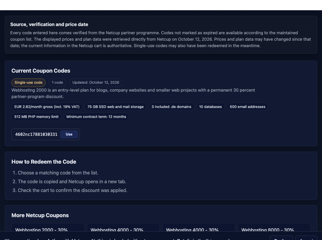 Coupon detail page with plan information and clickable Use buttons